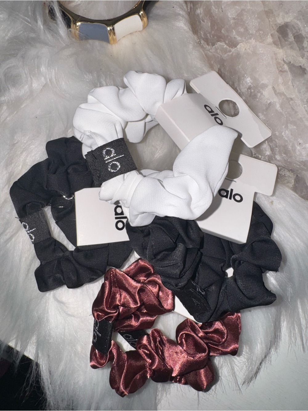 ALO Yoga Satin & Jersey Scrunchie Trio - White, Black, Burgundy